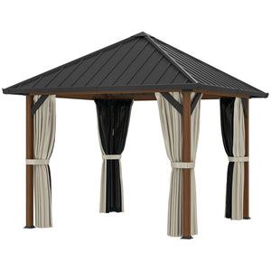 3 x 3(m) Hardtop Gazebo with Galvanised Steel Roof and Water Gutter, Waterproof Permanent Pavilion Garden Gazebo with Netting and Curtains for Patio, Deck, Walnut Wood Finish