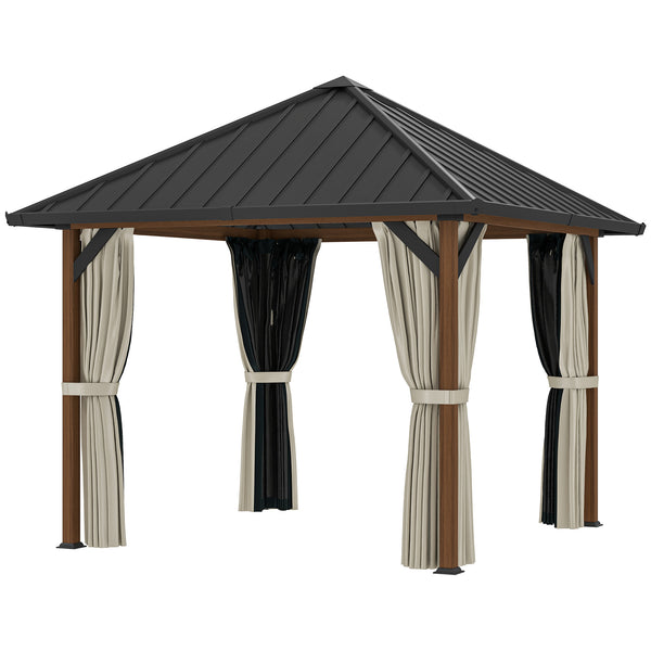 3 x 3(m) Hardtop Gazebo with Galvanised Steel Roof and Water Gutter, Waterproof Permanent Pavilion Garden Gazebo with Netting and Curtains for Patio, Deck, Walnut Wood Finish