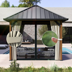 3 x 3(m) Hardtop Gazebo with Galvanised Steel Roof and Water Gutter, Waterproof Permanent Pavilion Garden Gazebo with Netting and Curtains for Patio, Deck, Walnut Wood Finish
