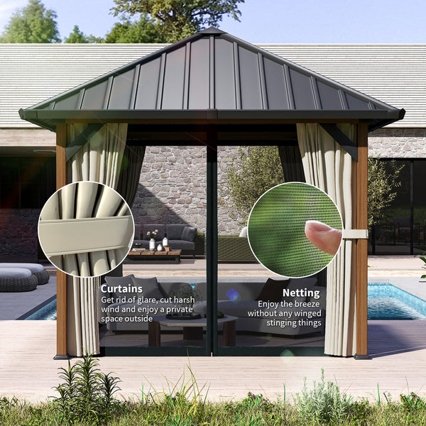 3 x 3(m) Hardtop Gazebo with Galvanised Steel Roof and Water Gutter, Waterproof Permanent Pavilion Garden Gazebo with Netting and Curtains for Patio, Deck, Walnut Wood Finish