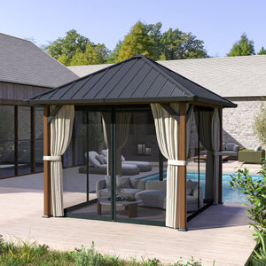 3 x 3(m) Hardtop Gazebo with Galvanised Steel Roof and Water Gutter, Waterproof Permanent Pavilion Garden Gazebo with Netting and Curtains for Patio, Deck, Walnut Wood Finish