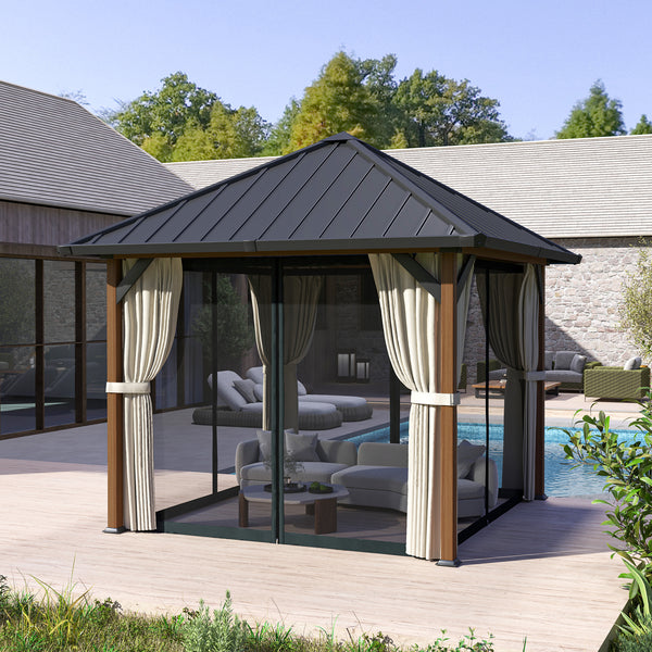 3 x 3(m) Hardtop Gazebo with Galvanised Steel Roof and Water Gutter, Waterproof Permanent Pavilion Garden Gazebo with Netting and Curtains for Patio, Deck, Walnut Wood Finish