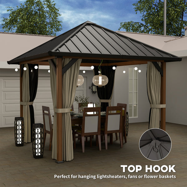 3 x 3(m) Hardtop Gazebo with Galvanised Steel Roof and Water Gutter, Waterproof Permanent Pavilion Garden Gazebo with Netting and Curtains for Patio, Deck, Walnut Wood Finish
