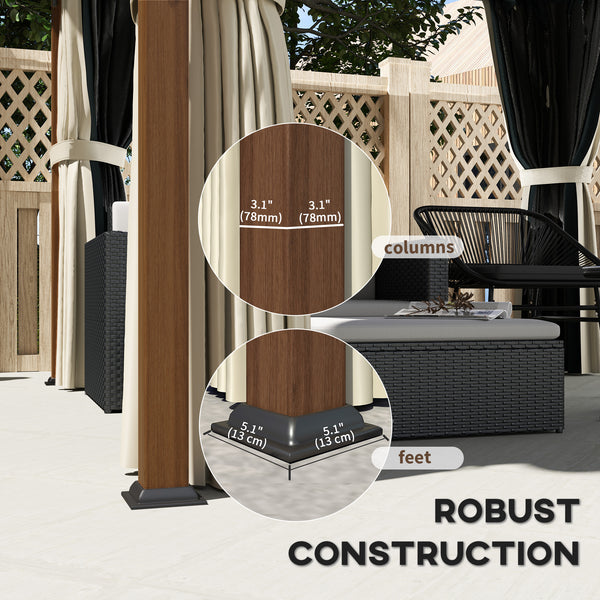 3 x 3(m) Hardtop Gazebo with Galvanised Steel Roof and Water Gutter, Waterproof Permanent Pavilion Garden Gazebo with Netting and Curtains for Patio, Deck, Walnut Wood Finish