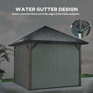 3 x 3(m) Hardtop Gazebo with Galvanised Steel Roof and Water Gutter, Waterproof Permanent Pavilion Garden Gazebo with Netting and Curtains for Patio, Deck, Walnut Wood Finish