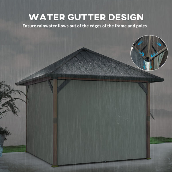 3 x 3(m) Hardtop Gazebo with Galvanised Steel Roof and Water Gutter, Waterproof Permanent Pavilion Garden Gazebo with Netting and Curtains for Patio, Deck, Walnut Wood Finish