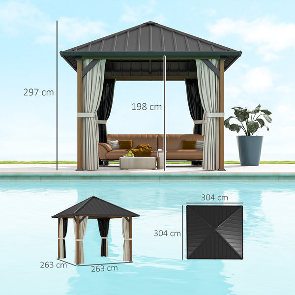 3 x 3(m) Hardtop Gazebo with Galvanised Steel Roof and Water Gutter, Waterproof Permanent Pavilion Garden Gazebo with Netting and Curtains for Patio, Deck, Walnut Wood Finish
