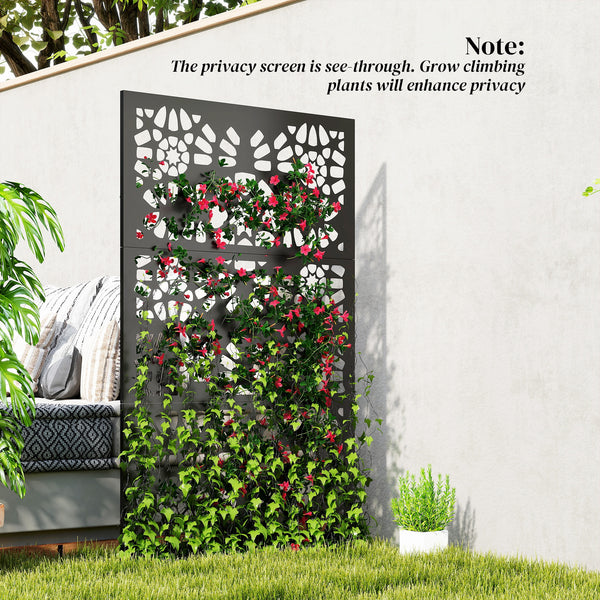 Metal Outdoor Privacy Screen, 72" x 38" Freestanding Outdoor Divider, Wall-Mounted Decorative Panel with Symmetrical Pattern Cut-out Design for Garden Patio, Black