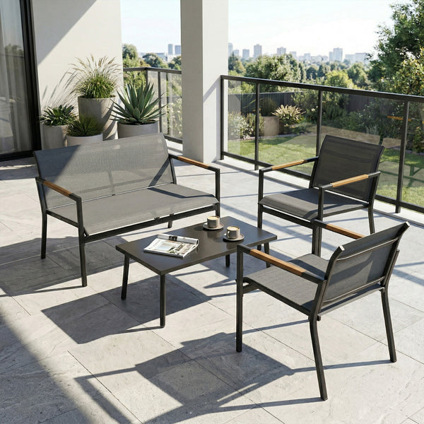 4 Seater Garden Furniture Set with Loveseat, 2 Armchairs, Metal-Top Table, Metal Garden Sofa Set with Breathable Mesh Seats, Outdoor Furniture Conversation Sets, Grey