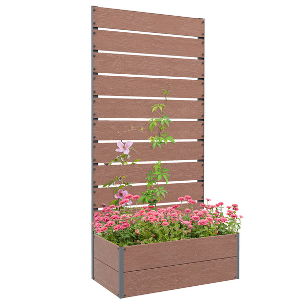Raised Garden Bed with Trellis for Climbing Plants, 28" x 15" x 59" Planter Box with Self Draining Gap, Freestanding Trellis Planter for Outdoor, Patio, Light Brown