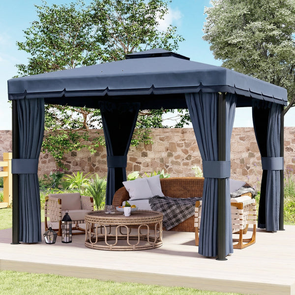 3 x 3(m) Patio Gazebo Canopy Garden Pavilion Tent Shelter Marquee with 2 Tier Water Repellent Roof, Mosquito Netting and Curtains, Aluminium Frame, Dark Blue