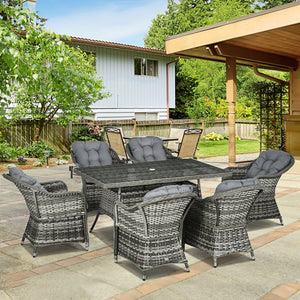 6 Seater Rattan Dining Set with Seat and Back Cushions, PE Rattan Garden Furniture Set, Outdoor Dining Table and Chairs, Rectangular Glass Top Table with Umbrella Hole, Grey