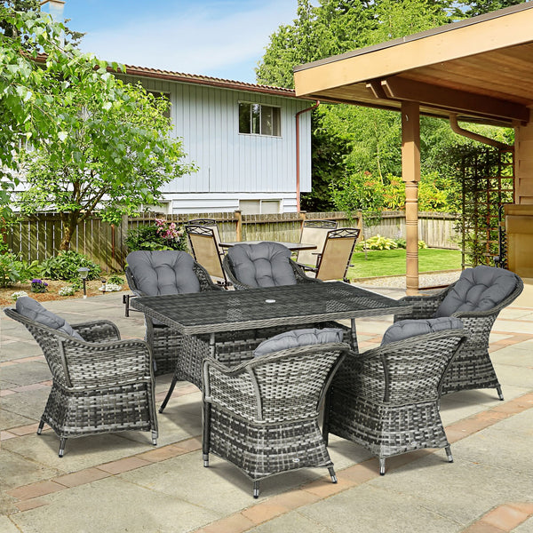 6 Seater Rattan Dining Set with Seat and Back Cushions, PE Rattan Garden Furniture Set, Outdoor Dining Table and Chairs, Rectangular Glass Top Table with Umbrella Hole, Grey
