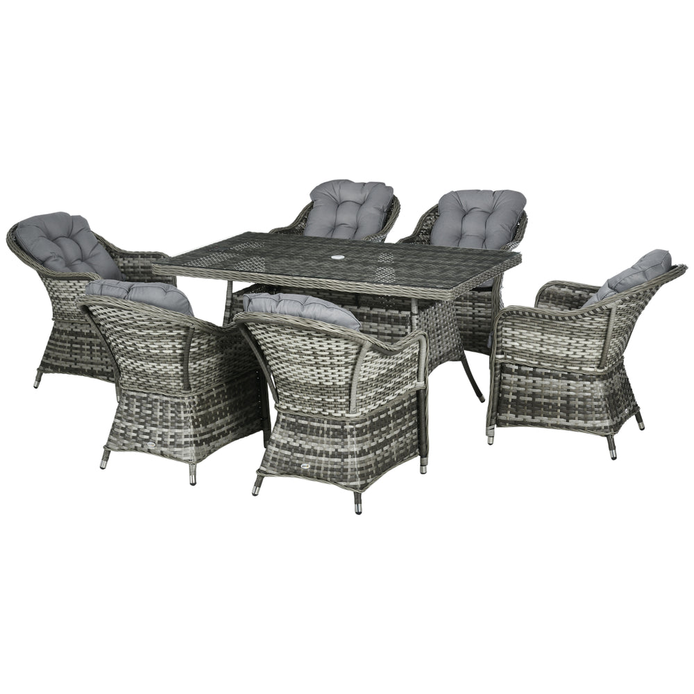 6 Seater Rattan Dining Set with Seat and Back Cushions, PE Rattan Garden Furniture Set, Outdoor Dining Table and Chairs, Rectangular Glass Top Table with Umbrella Hole, Grey