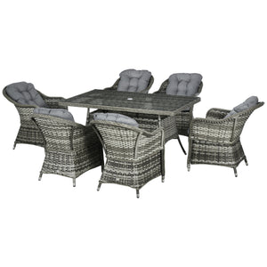 6 Seater Rattan Dining Set with Seat and Back Cushions, PE Rattan Garden Furniture Set, Outdoor Dining Table and Chairs, Rectangular Glass Top Table with Umbrella Hole, Grey