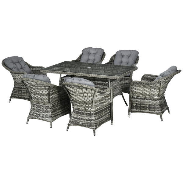 6 Seater Rattan Dining Set with Seat and Back Cushions, PE Rattan Garden Furniture Set, Outdoor Dining Table and Chairs, Rectangular Glass Top Table with Umbrella Hole, Grey