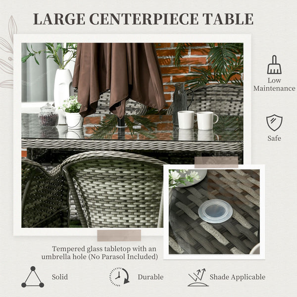 6 Seater Rattan Dining Set with Seat and Back Cushions, PE Rattan Garden Furniture Set, Outdoor Dining Table and Chairs, Rectangular Glass Top Table with Umbrella Hole, Grey