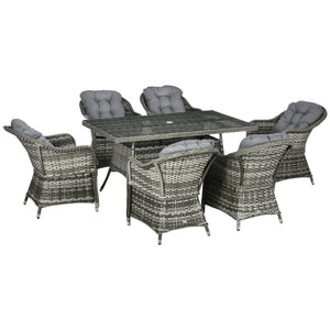 6 Seater Rattan Dining Set with Seat and Back Cushions, PE Rattan Garden Furniture Set, Outdoor Dining Table and Chairs, Rectangular Glass Top Table with Umbrella Hole, Grey