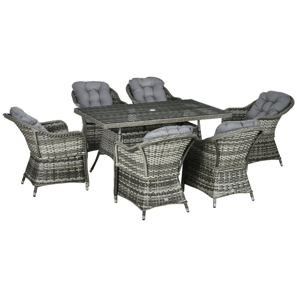 6 Seater Rattan Dining Set with Seat and Back Cushions, PE Rattan Garden Furniture Set, Outdoor Dining Table and Chairs, Rectangular Glass Top Table with Umbrella Hole, Grey