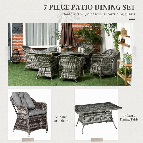 6 Seater Rattan Dining Set with Seat and Back Cushions, PE Rattan Garden Furniture Set, Outdoor Dining Table and Chairs, Rectangular Glass Top Table with Umbrella Hole, Grey