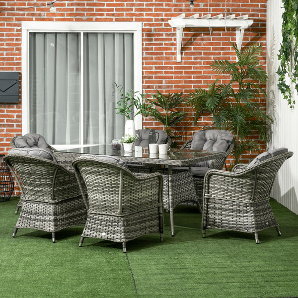 6 Seater Rattan Dining Set with Seat and Back Cushions, PE Rattan Garden Furniture Set, Outdoor Dining Table and Chairs, Rectangular Glass Top Table with Umbrella Hole, Grey