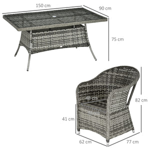 6 Seater Rattan Dining Set with Seat and Back Cushions, PE Rattan Garden Furniture Set, Outdoor Dining Table and Chairs, Rectangular Glass Top Table with Umbrella Hole, Grey