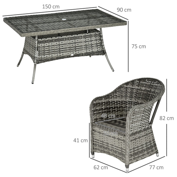 6 Seater Rattan Dining Set with Seat and Back Cushions, PE Rattan Garden Furniture Set, Outdoor Dining Table and Chairs, Rectangular Glass Top Table with Umbrella Hole, Grey