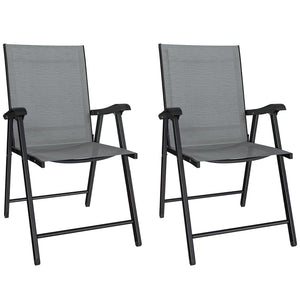 Folding Garden Chairs Set of 2, Foldable Garden Dining Chairs with High Back and Armrests, Breathable Texteline Folding Outdoor Chair Set with Metal Frame for Patio, Balcony, Light Grey