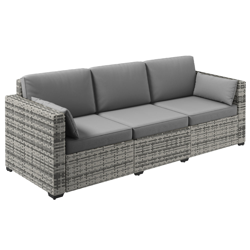 Outsunny Patio Couch PE Wicker Deep Seating Outdoor Sofa with Removable Cushions, 3 Seater Rattan Sofa, Outdoor Furniture for Balcony, Deck, Garden and Poolside, Gray