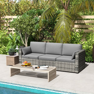 Outsunny Patio Couch PE Wicker Deep Seating Outdoor Sofa with Removable Cushions, 3 Seater Rattan Sofa, Outdoor Furniture for Balcony, Deck, Garden and Poolside, Gray