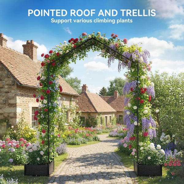 7.3ft Garden Arch with 2 Planter Boxes, PE-Coated Steel Outdoor Trellis Arbor for Climbing Plants, Wedding Arch for Party Outdoor Garden Backyard, Black