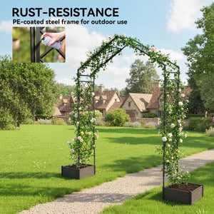 7.3ft Garden Arch with 2 Planter Boxes, PE-Coated Steel Outdoor Trellis Arbor for Climbing Plants, Wedding Arch for Party Outdoor Garden Backyard, Black