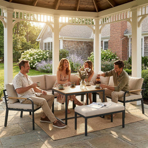 7 Seater Garden Furniture Set with 2 Loveseats, Armchair, 2 Armless Chairs, Footstool, Faux Wood Table, Metal Garden Sofa Set with Cushions, Outdoor Furniture Conversation Sets, Khaki