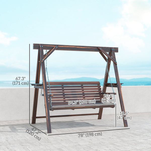 3 Seat Porch Swing with Stand, Wooden Patio Swing Chair with Side Tables and Metal Chains, Outdoor Swing Bench for Garden, Poolside, Backyard, Carbonized Brown