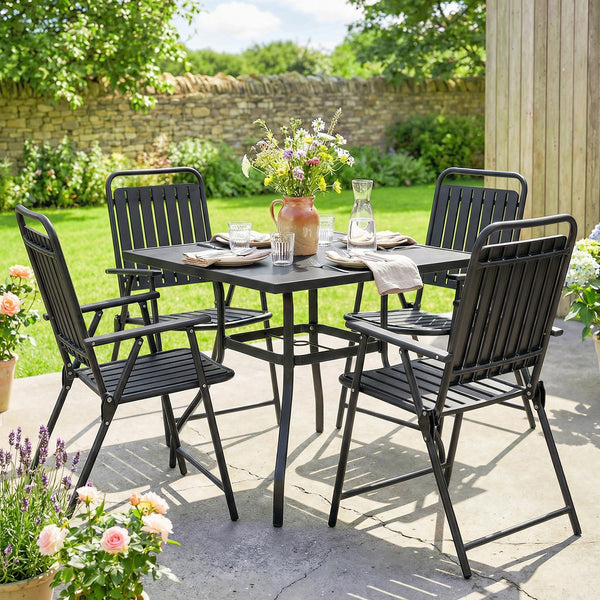 Folding Garden Chairs Set of 4, Garden Dining Chairs with Plastic Slatted Seat and Back, Portable Folding Chair Set with Armrests and Steel Frame for Outdoor, Patio, Balcony, Terrace, Black