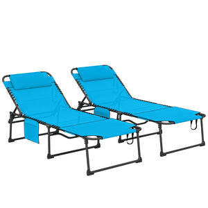 2 Piece Folding Chaise Lounge with 5-level Reclining Back, Tanning Chair with Face Hole, Outdoor Lounge Chair with Side Pocket & Headrest for Beach, Yard, Patio, Blue