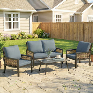 4 Seater Rattan Garden Furniture Set with 2 Armchairs, Loveseat, Coffee Table, Garden Sofa Set with Cushions, Outdoor Furniture Conversation Sets for Patio, Grey