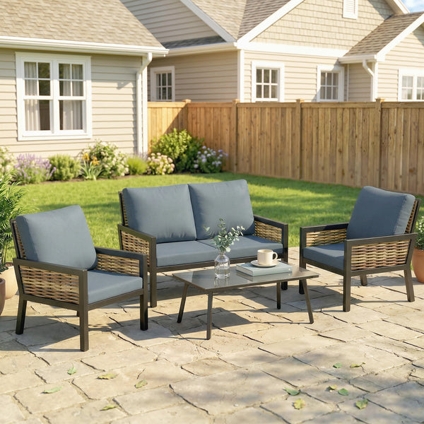 4 Seater Rattan Garden Furniture Set with 2 Armchairs, Loveseat, Coffee Table, Garden Sofa Set with Cushions, Outdoor Furniture Conversation Sets for Patio, Grey