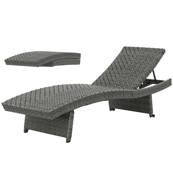 Outdoor PE Rattan Sun Lounger, Folding Wicker Garden Lounger Recliner with 4-Level Adjustable Backrest, Rolling Sunbed Lounge Chair with Wheels, Non-Slip Legs for Balcony, Beach, Mixed-grey