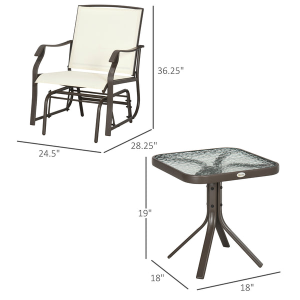 3 Piece Outdoor Glider Chair with Coffee Table Bistro Set, 2 Patio Rocking Swing Chairs with Breathable Sling Fabric, Glass Tabletop, for Backyard, Garden and Porch, Cream White