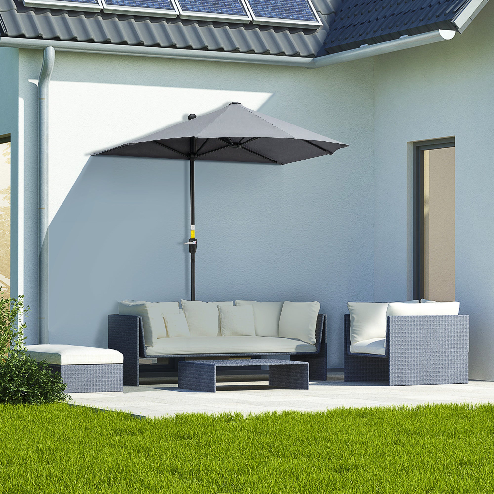 6 ft wide patio half umbrella Outsunny 6.6'x6' Double-Sided Market Umbrella with Crank Handle & Cross Base, Dark Grey