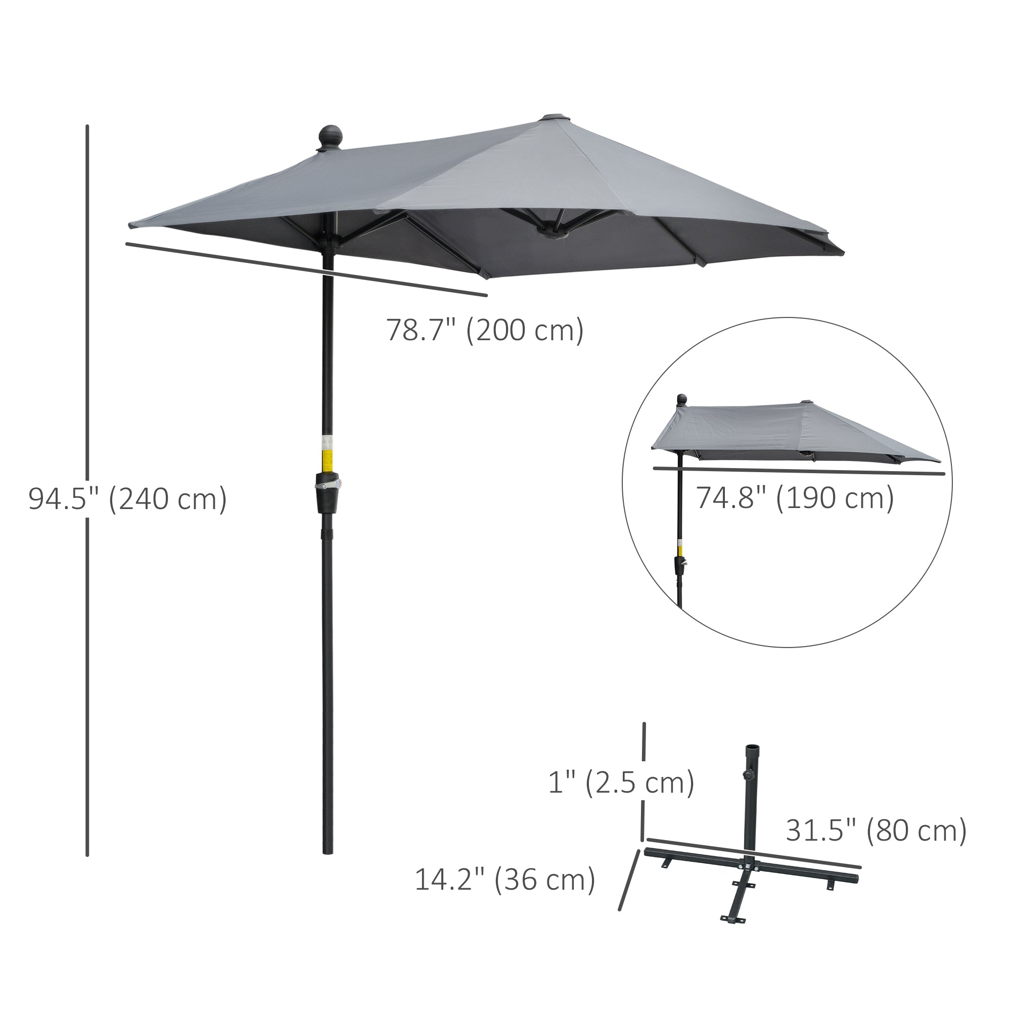 6ft half patio umbrella Outsunny 6.6'x6' Double-Sided Market Umbrella with Crank Handle & Cross Base, Dark Grey