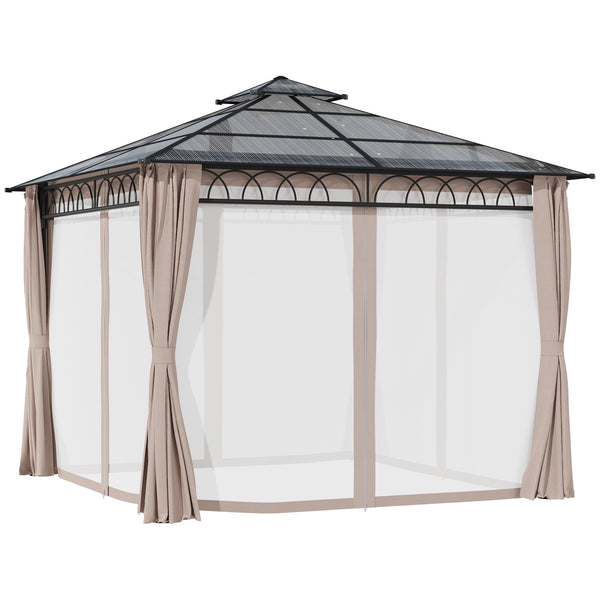 3 x 3 (m) Outdoor Polycarbonate Gazebo, Double Roof Hard Top Gazebo with Galvanised Steel Frame, Nettings & Curtains for Garden, Lawn, Patio and Deck, Khaki