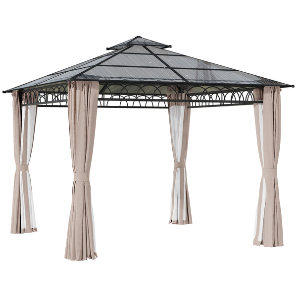 3 x 3 (m) Outdoor Polycarbonate Gazebo, Double Roof Hard Top Gazebo with Galvanised Steel Frame, Nettings & Curtains for Garden, Lawn, Patio and Deck, Khaki