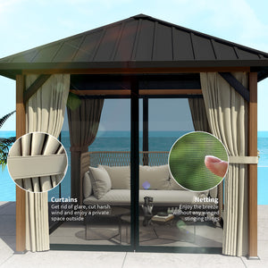 10' x 10' Hardtop Gazebo with Galvanized Steel Roof, Permanent Pavilion Outdoor Gazebo with Netting and Curtains for Patio, Garden, Backyard, Lawn, Wood Finish