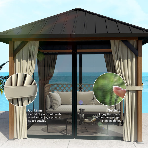 10' x 10' Hardtop Gazebo with Galvanized Steel Roof, Permanent Pavilion Outdoor Gazebo with Netting and Curtains for Patio, Garden, Backyard, Lawn, Wood Finish