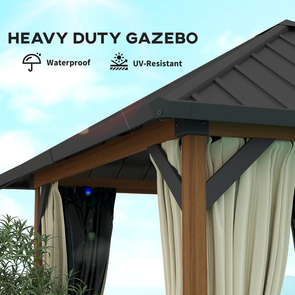 10' x 10' Hardtop Gazebo with Galvanized Steel Roof, Permanent Pavilion Outdoor Gazebo with Netting and Curtains for Patio, Garden, Backyard, Lawn, Wood Finish