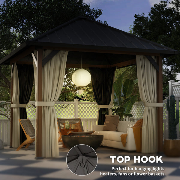 10' x 10' Hardtop Gazebo with Galvanized Steel Roof, Permanent Pavilion Outdoor Gazebo with Netting and Curtains for Patio, Garden, Backyard, Lawn, Wood Finish