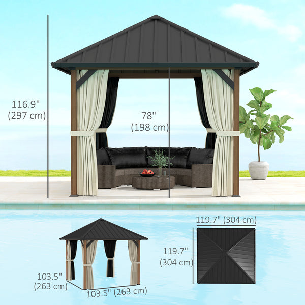 10' x 10' Hardtop Gazebo with Galvanized Steel Roof, Permanent Pavilion Outdoor Gazebo with Netting and Curtains for Patio, Garden, Backyard, Lawn, Wood Finish
