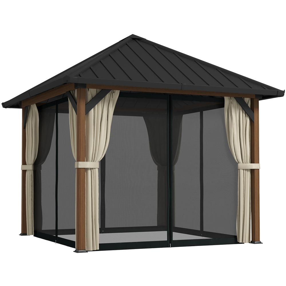 10' x 10' Hardtop Gazebo with Galvanized Steel Roof, Permanent Pavilion Outdoor Gazebo with Netting and Curtains for Patio, Garden, Backyard, Lawn, Wood Finish